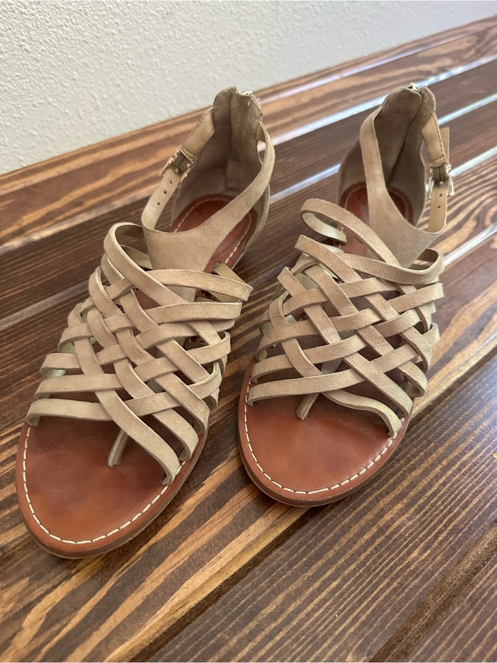 Vince Camuto Beige Woven Ankle-Strap Sandals
